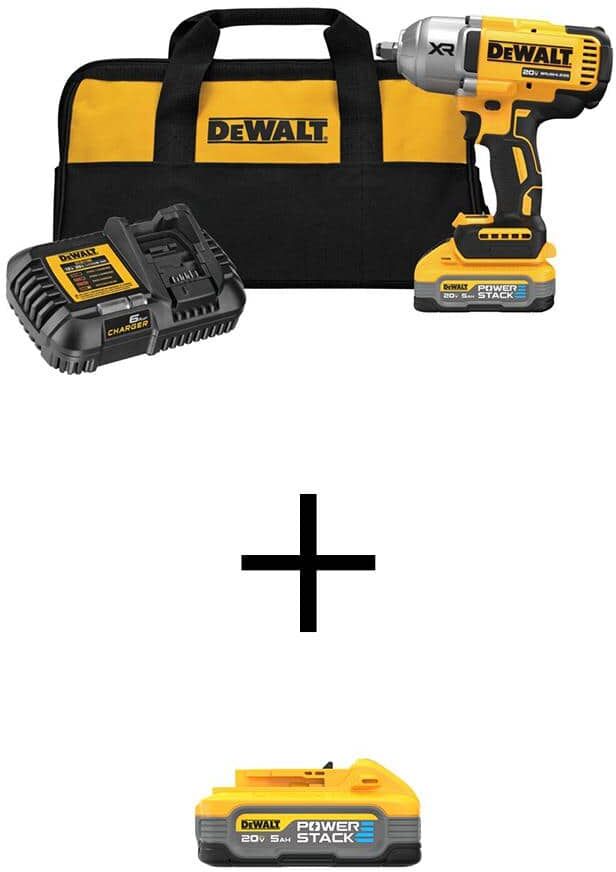 DeWalt 20V Max XR Lithium-Ion Cordless 1/2 in. Impact Wrench with Hog Ring Anvil Kit w/(2) Powerstack 5Ah Batteries & Charger