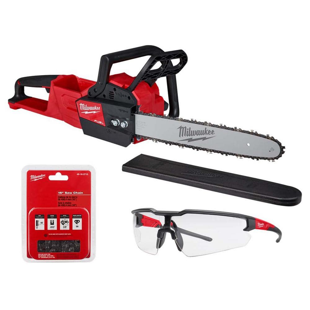 Milwaukee M18 FUEL 16 in. 18V Brushless Electric Battery Chainsaw (Tool-Only) with Extra 16 in. Chain & Clear Safety Glasses