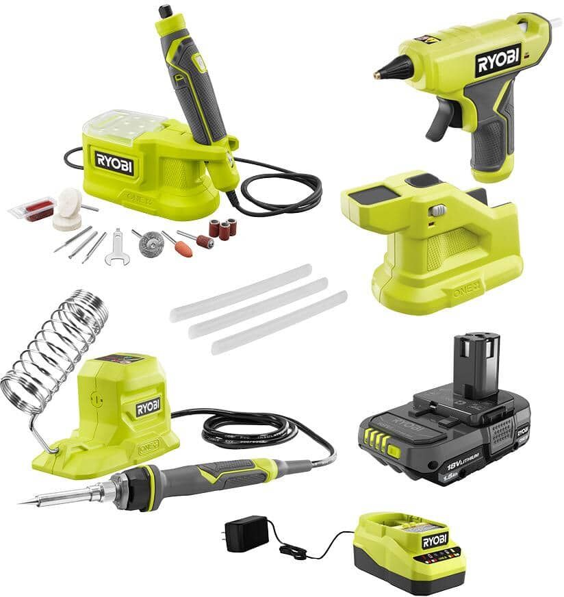 RYOBI ONE+ 18V Cordless 3-Tool Hobby Kit with Compact Glue Gun, Soldering Iron, Rotary Tool, 1.5 Ah Battery, and Charger