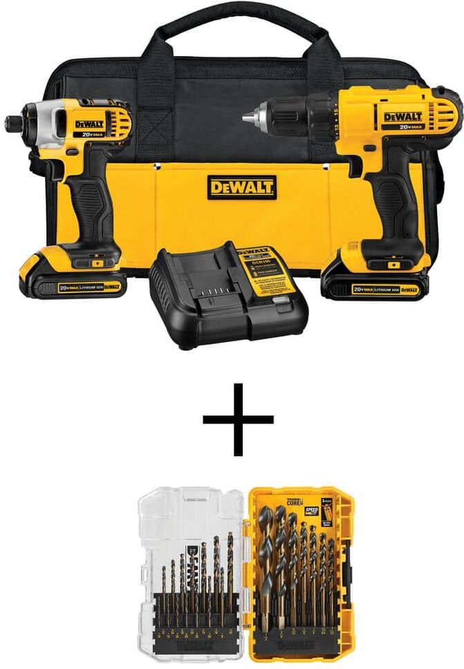 DeWalt 20V MAX Cordless Drill/Impact Combo Kit and Black and Gold Drill Bit Set (21 Piece)