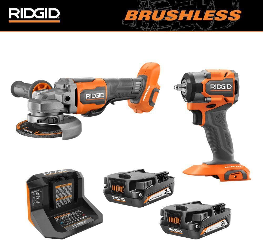 RIDGID 18V Brushless Cordless 2-Tool Combo Kit with SubCompact Impact Wrench, Angle Grinder, (2) 2.0 Ah Batteries, and Charger