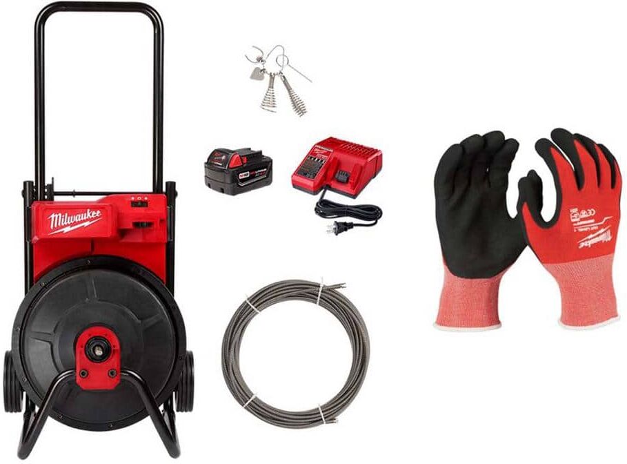 Milwaukee M18 18 Volt Lithium Ion 3/8 in. x 75 ft. Cable Cordless Drain Cleaning Drum Machine Kit w/Large Cut 1 Work Gloves (3PK)