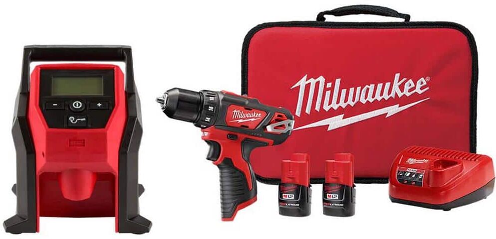 Milwaukee M12 12-Volt Electric Portable Inflator (Tool-Only) and M12 12V 3/8 in. Drill/Driver Kit with Two 1.5 Ah Batteries