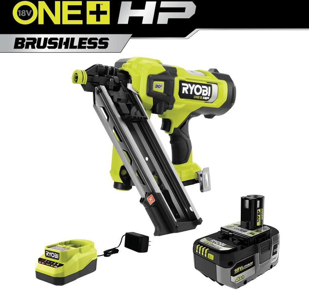 RYOBI ONE+ HP 18V Brushless Cordless AirStrike 30° Framing Nailer Kit with 4.0 Ah HIGH PERFORMANCE Battery and Charger