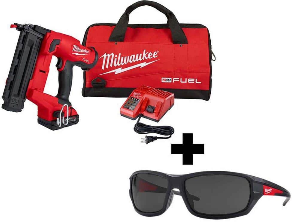 Milwaukee M18 FUEL 18-Volt 18-Gauge Lithium-Ion Brushless Cordless Gen II Brad Nailer Kit and Tinted Performance Safety Glasses