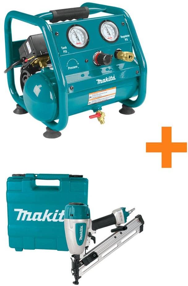 Makita 1 Gal. 125 PSI Portable Electric Compact Air Compressor with Bonus Pneumatic 2.5 in. 15-Gauge Angled Finish Nailer