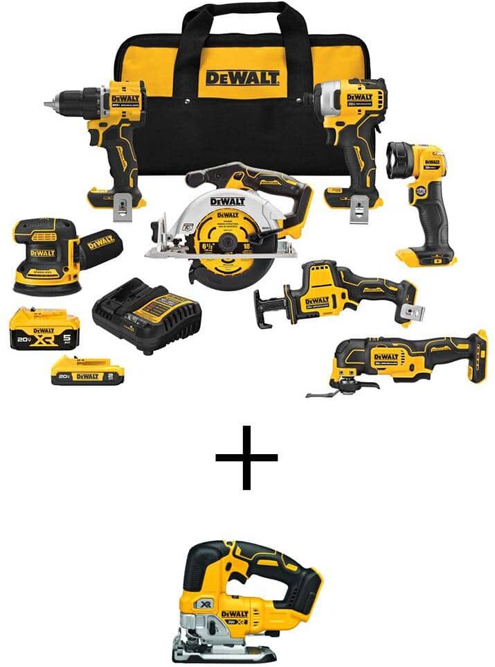 DeWalt 20V MAX Lithium-Ion Cordless 7-Tool Combo Kit and 20V Brushless Jigsaw with 2Ah Battery, 5Ah Battery and Charger