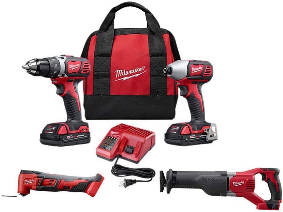 Milwaukee M18 18V Lithium-Ion Cordless Drill Driver/Impact Driver/Reciprocating Saw/Multi-Tool Combo Kit (4-Tool)