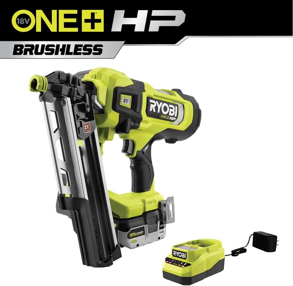 RYOBI ONE+ HP 18V Brushless Cordless AirStrike 21° Framing Nailer Kit with 4.0 Ah Battery and Charger