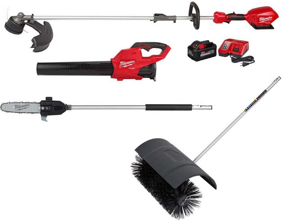 Milwaukee M18 FUEL 18V Lithium-Ion Brushless Cordless Electric String Trimmer/Blower Combo Kit with Bristle Brush Pole(4-Tool)