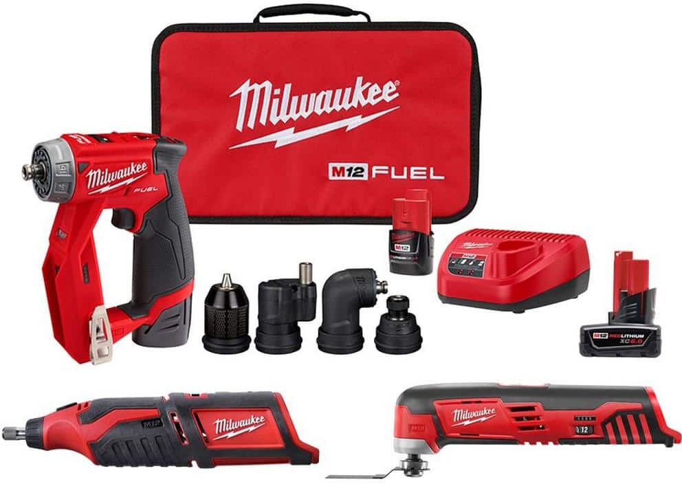 Milwaukee M12 FUEL 12V Li-Ion Cordless 4-in-1 Installation 3/8 in. Drill Driver Kit w/Multi-Tool, Rotary Tool & 6.0 Ah Battery