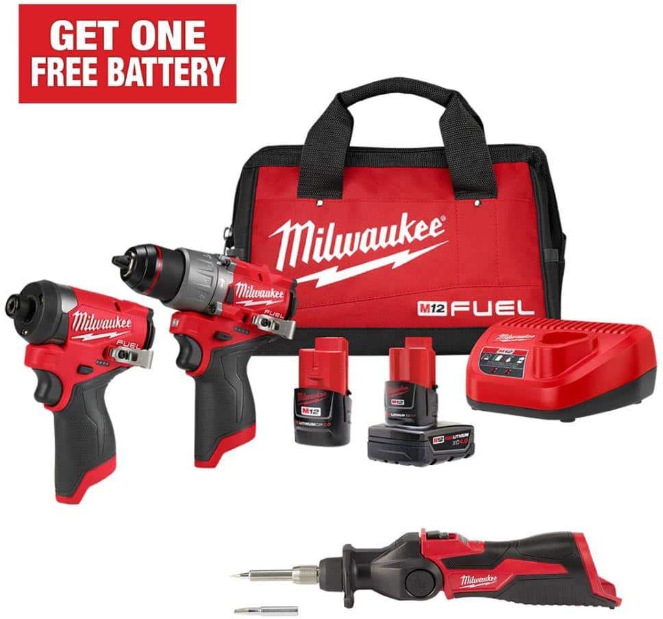 Milwaukee M12 FUEL 12-Volt Li-Ion Brushless Cordless Hammer Drill and Impact Driver Combo Kit (2-Tool) with M12 Soldering Iron