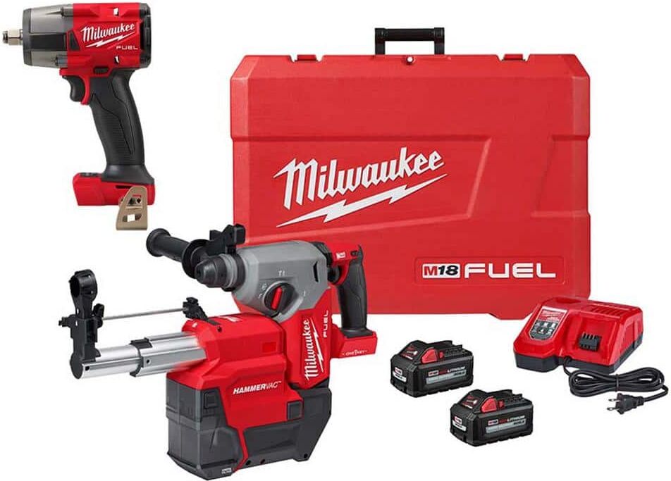 Milwaukee M18 FUEL ONE-KEY 18V Lithium-Ion Brushless Cordless 1 in. SDS-Plus Rotary Hammer W/Dust Ext Kit + 1/2 in. Impact Wrench