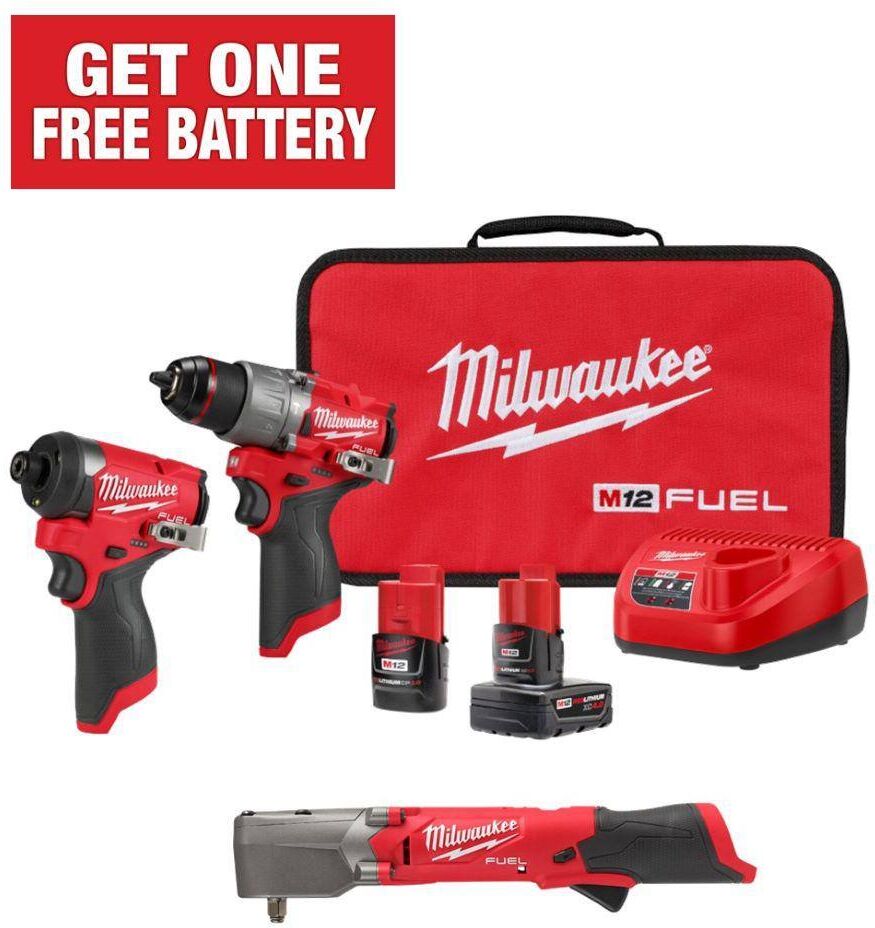 Milwaukee M12 FUEL 12-Volt Li-Ion Brushless Cordless Hammer Drill/Impact Combo Kit (2-Tool) with Right Angle Impact Wrench