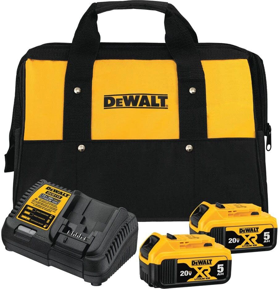 DeWalt 20V MAX XR Premium Lithium-Ion 5.0Ah Battery Pack (2 Pack), Charger and Kit Bag