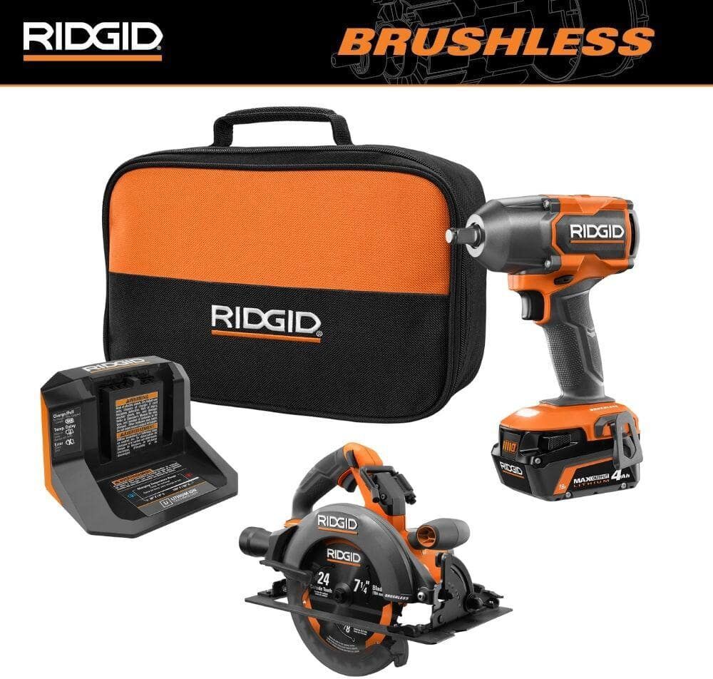 RIDGID 18V Brushless Cordless 2-Tool Combo Kit w/ 1/2 in. Impact Wrench, Circular Saw, 4.0 Ah MAX Output Battery, and Charger