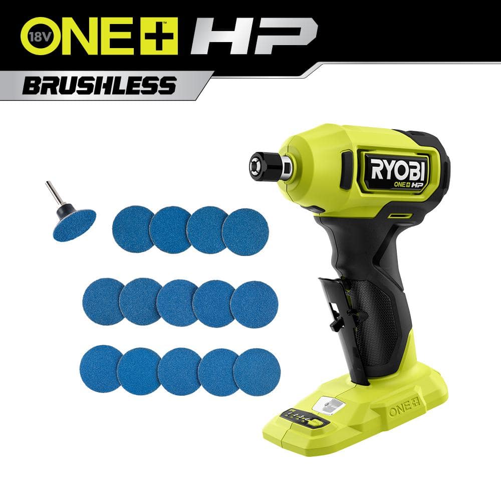 RYOBI ONE+ HP 18V Brushless Cordless Compact 1/4 in. Right Angle Die Grinder (Tool Only) w/ 2 in. Sanding Disc Set (16-Piece)