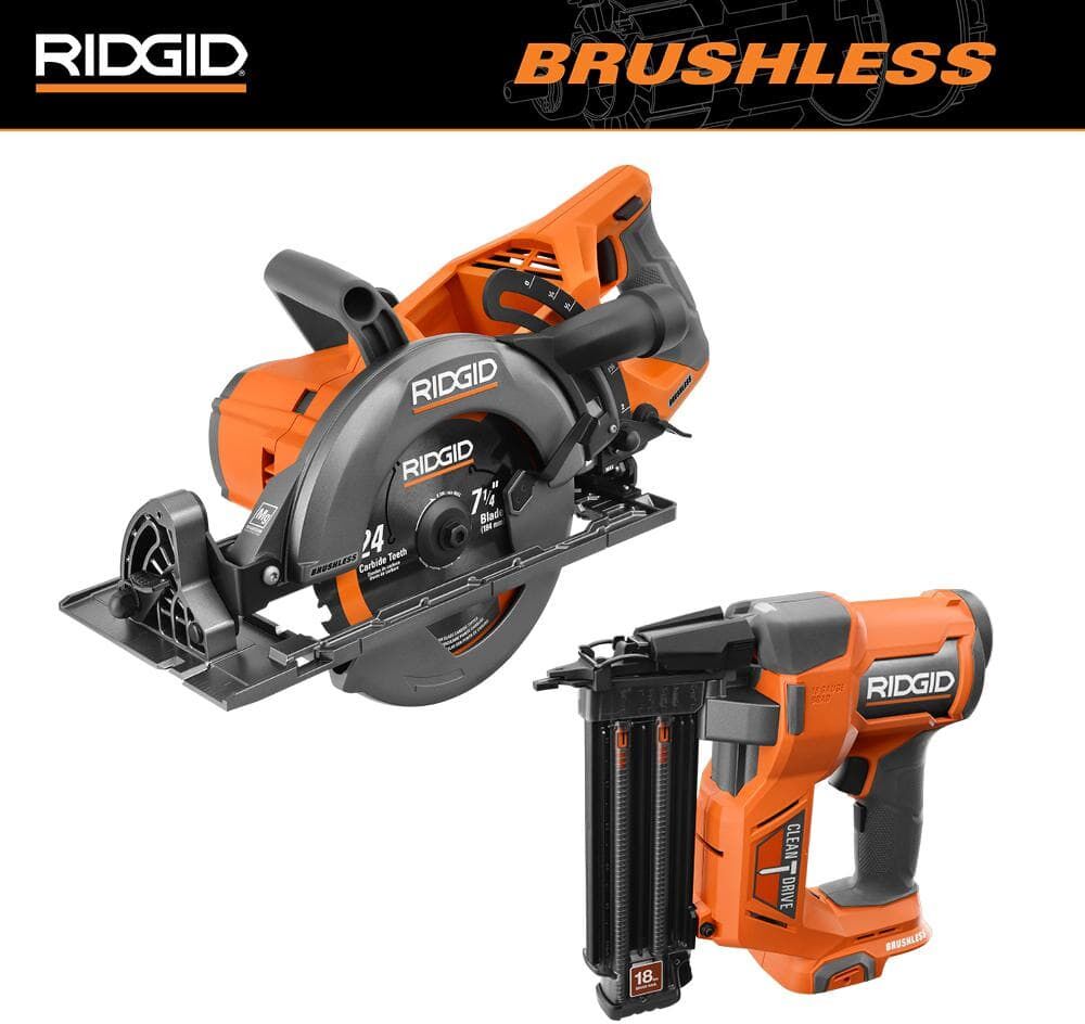 RIDGID 18V Brushless Cordless 2-Tool Combo Kit with 7-1/4 in. Rear Handle Circular Saw and 18-Gauge Brad Nailer (Tools Only)