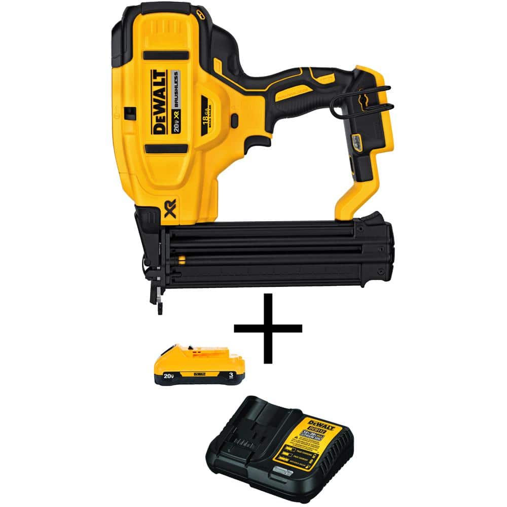 DeWalt 20V MAX XR Lithium-Ion 18-Gauge Electric Cordless Brad Nailer, (1) 3.0Ah Battery, and Charger