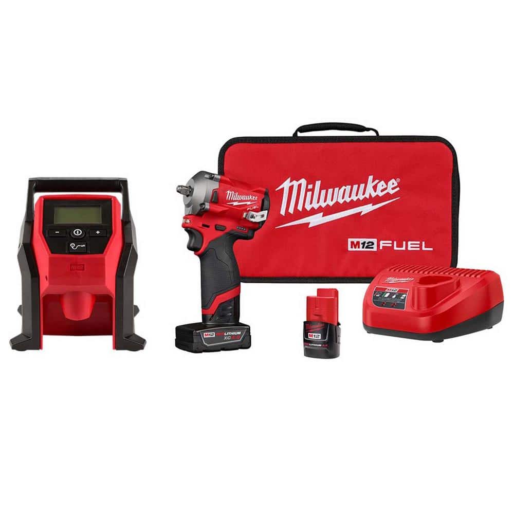 Milwaukee M12 FUEL 12V Lithium-Ion Brushless Cordless Stubby 3/8 in. Impact Wrench & Inflator Combo Kit (2-Tool)