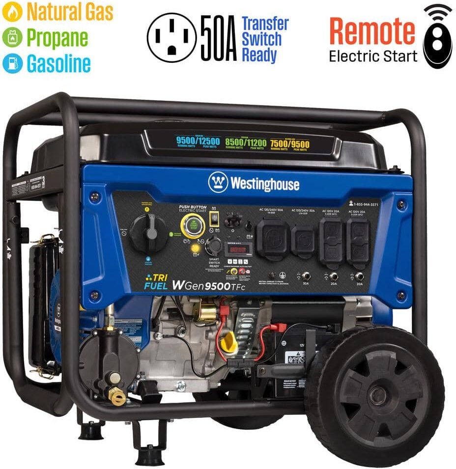 Westinghouse 12,500/9,500-Watt Tri-Fuel Gas, Propane, Natural Gas Powered Portable Generator with Remote Electric Start, 50A Outlet