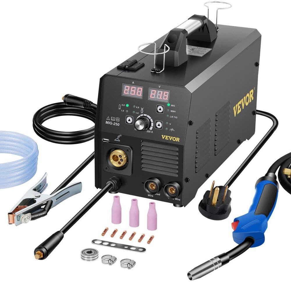 VEVOR 3-in-1 MIG/Lift TIG/MMA Welder 250 Amp Welding Machine Gas/Gasless with Gun IGBT Inverter USB Port