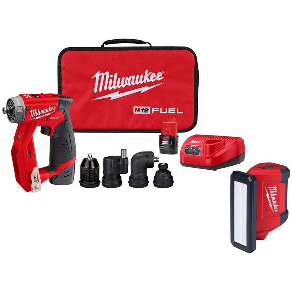 Milwaukee M12 FUEL 12-Volt Lithium-Ion Brushless Cordless 4-in-1 Installation 3/8 in. Drill Driver Kit w/M12 Rover Service Light