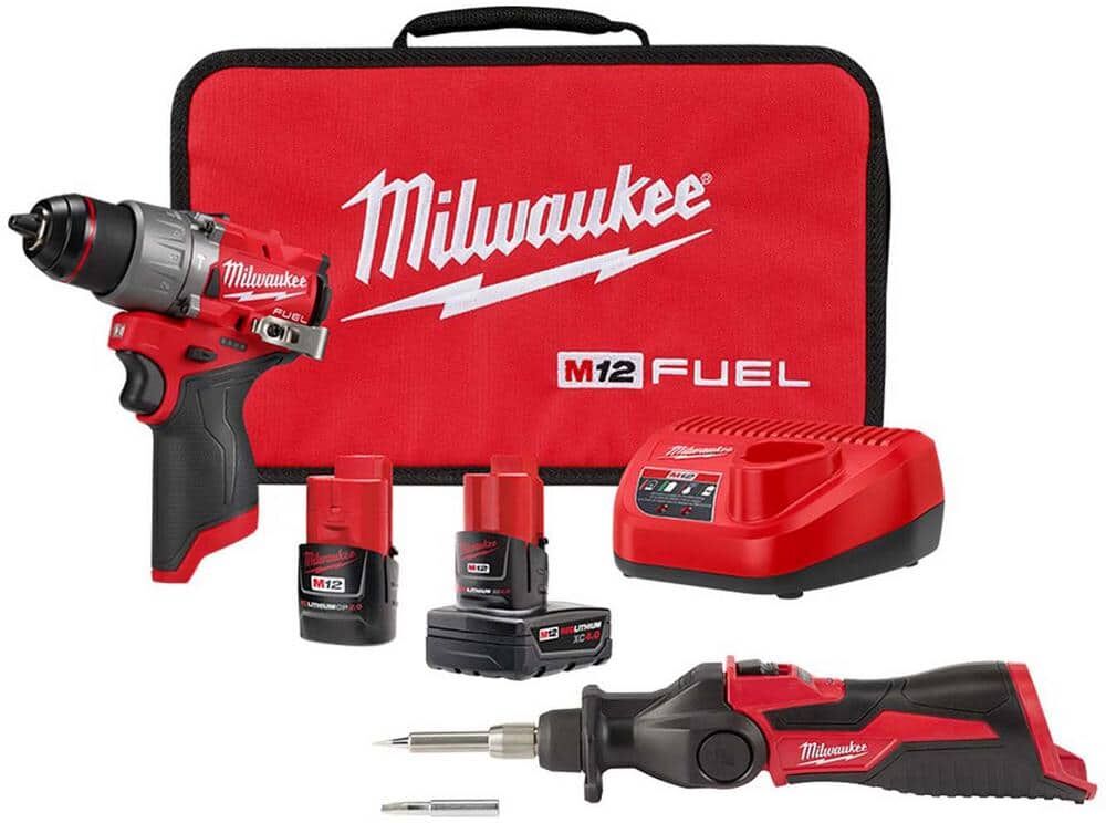 Milwaukee M12 FUEL 12V Lithium-Ion Brushless Cordless 1/2 in. Hammer Drill Kit w/M12 Soldering Iron