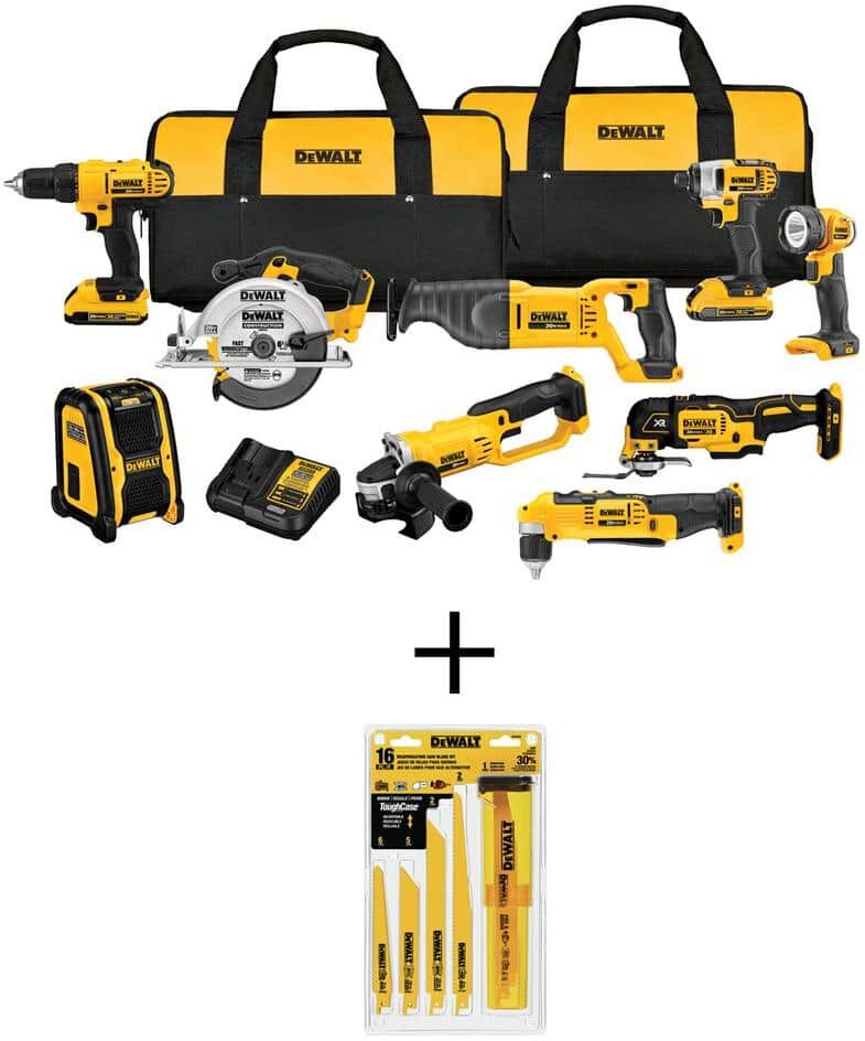 DeWalt 20V MAX Cordless 9 Tool Combo Kit Reciprocating Saw Blade Set(16 Piece), (2) 2.0Ah Batteries, and Charger