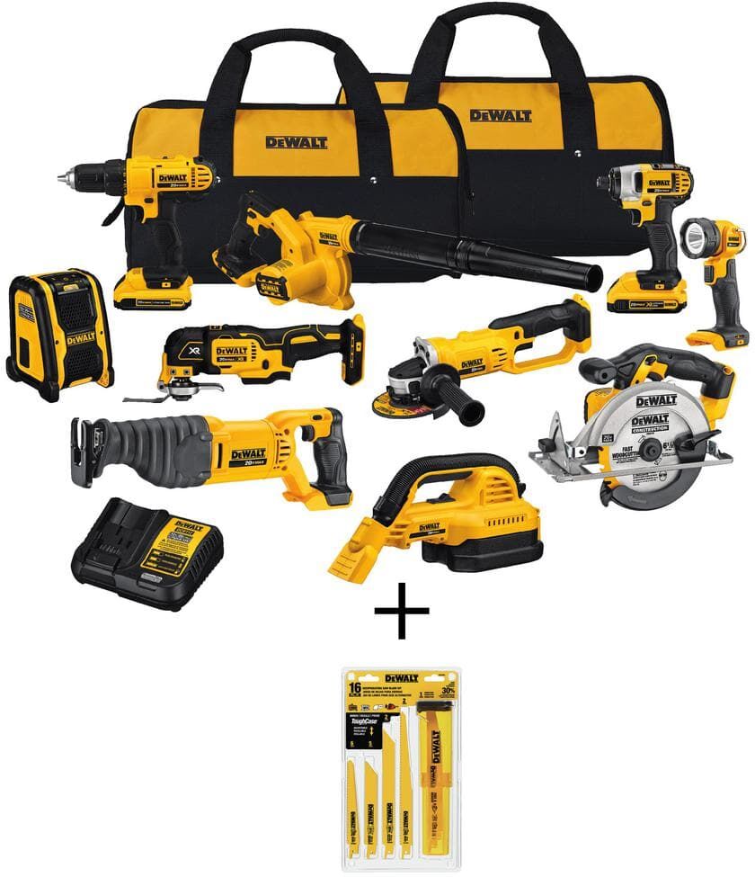 DeWalt 20V MAX Cordless 10 Tool Combo Kit and Bi-Metal Reciprocating Saw Blade Set with Case (16 Piece)