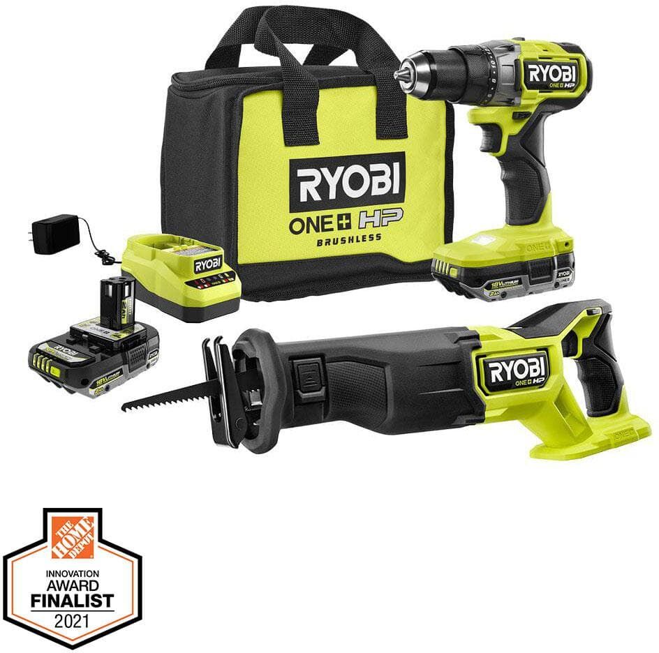 RYOBI ONE+ HP 18V Brushless Cordless 2-Tool Combo Kit with Drill/Driver, Reciprocating Saw, Batteries, Charger, and Bag