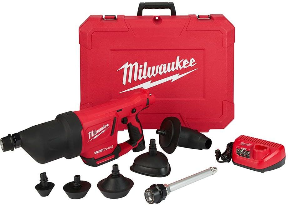 Milwaukee M12 12-Volt Lithium-Ion Cordless Drain Cleaning Airsnake Air Gun Kit with (1) 2.0Ah Battery, Toilet Attachments