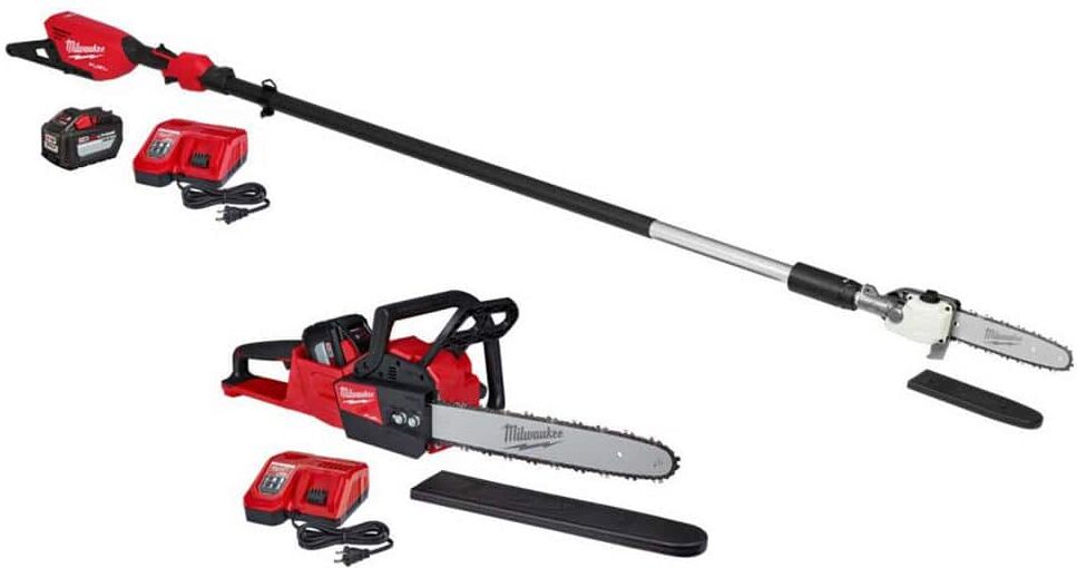 Milwaukee M18 FUEL 10 in. 18V Lithium-Ion Brushless Cordless Telescoping Pole Saw Kit & Chainsaw, (2) 12.0 Ah Battery, (2) Charger