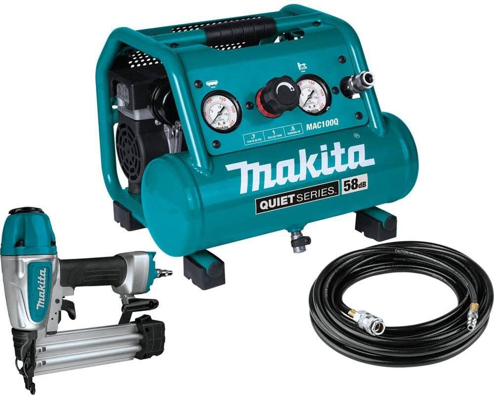 Makita Quiet Series 1/2 HP, 1 Gal. Compact, Oil-Free, Electric Air Compressor, and 18-Gauge Brad Nailer Combo Kit