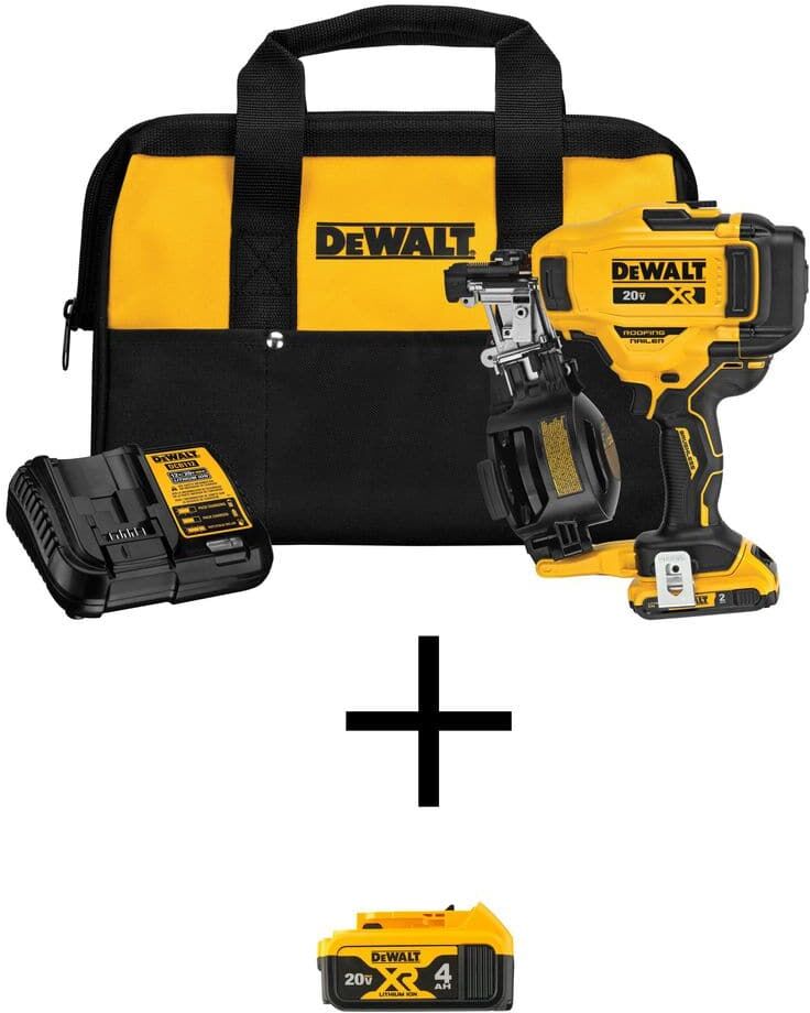 DeWalt 20V MAX Lithium-Ion 15-Degree Cordless Roofing Nailer Kit with 4.0Ah Battery Pack, 2.0Ah Battery Pack, Charger and Bag