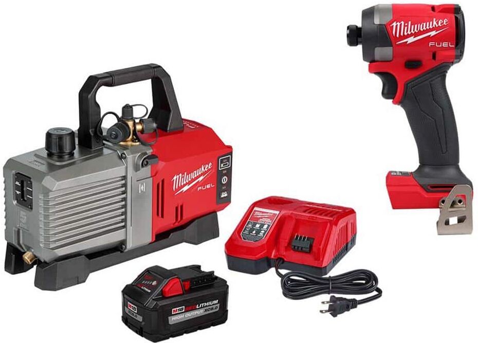 Milwaukee M18 18-Volt Lithium-Ion Cordless 5 CFM Vacuum Pump Kit with M18 FUEL 18V Brushless Cordless 1/4 in. Hex Impact Driver