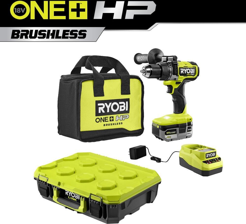 RYOBI ONE+ HP 18V Brushless Cordless 1/2 in. Hammer Drill Kit with Battery, Charger, and Bag, with LINK Standard Tool Box