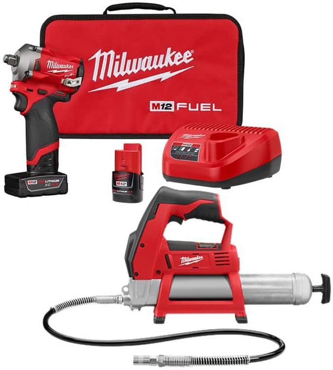 Milwaukee M12 FUEL 12V Lithium-Ion Cordless Stubby 1/2 in. Impact Wrench Kit with Grease Gun, One 4.0 and One 2.0Ah Battery