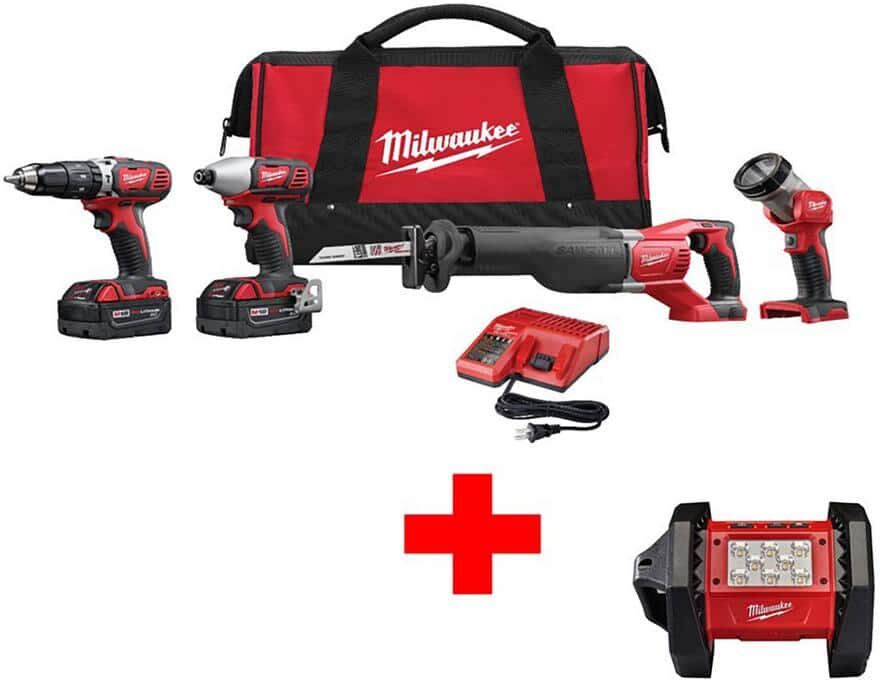 Milwaukee M18 18V Lithium-Ion Cordless Hammer Drill/Impact/Sawzall/Light Combo Kit (4-Tool) with  LED Flood light