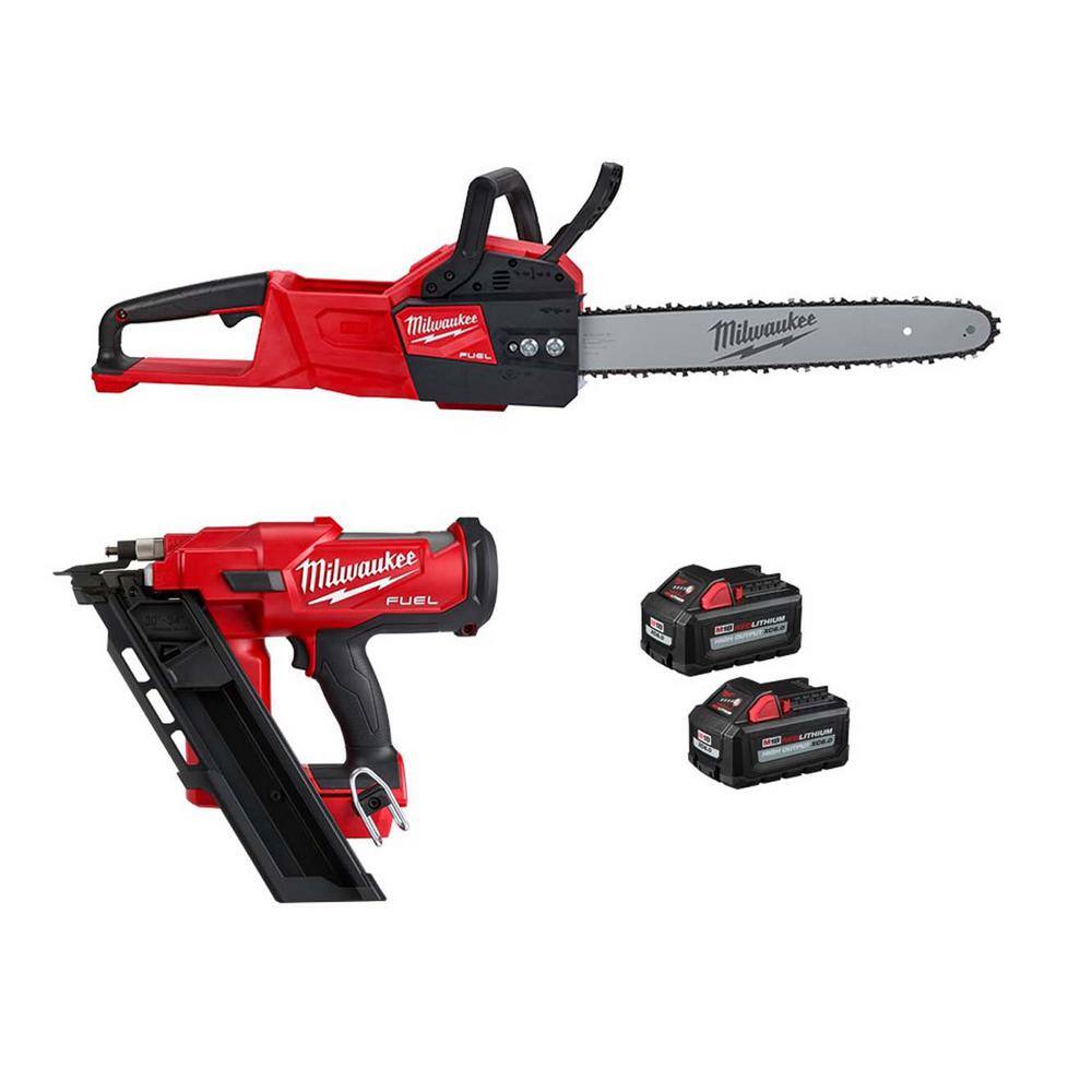 Milwaukee M18 FUEL 16 in. 18V Brushless Battery Electric Chainsaw w/3-1/2 in. 30-Degree Framing Nailer, Two 6Ah Batteries