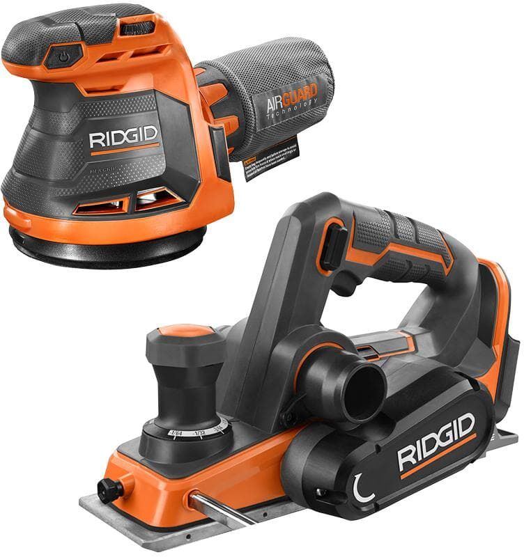 RIDGID 18V Cordless 2-Tool Combo Kit w/ Brushless 3-1/4 in. Hand Planer with Dust Bag & 5 in. Random Orbit Sander (Tools Only)