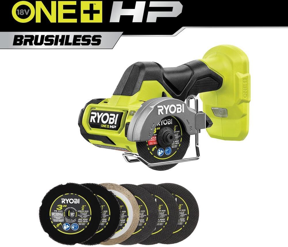 RYOBI ONE+ HP 18V Brushless Cordless Compact Cut-Off Tool (Tool Only) with 3 in. Carbide Cut Off Wheel Set (6-Piece)