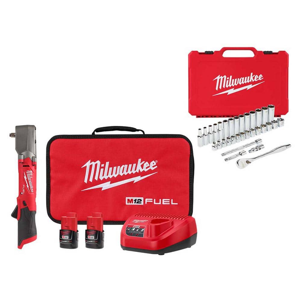 Milwaukee M12 FUEL 12V Lithium-Ion Cordless 3/8 in. Right Angle Impact Wrench Kit w/3/8 in. Drive Mechanics Set (32-Piece)