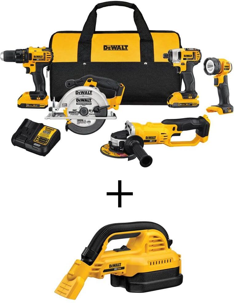 DeWalt 20V MAX Cordless 5 Tool Combo Kit, 20V 1/2 Gal. Wet/Dry Portable Vacuum, (2) 20V 2.0Ah Batteries, and Charger