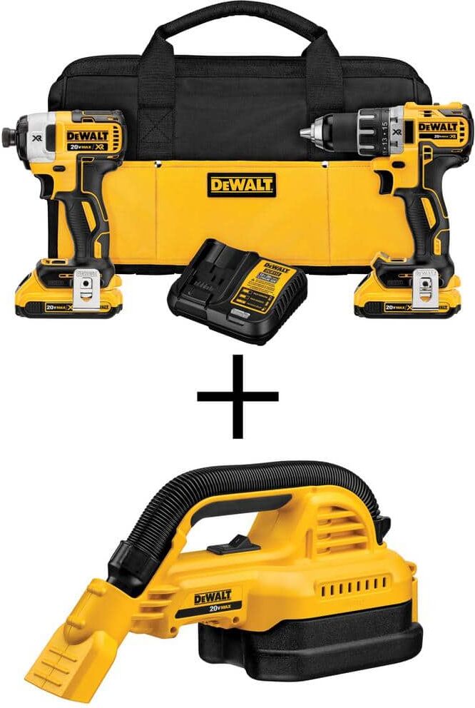 DeWalt 20V MAX XR Cordless Brushless Drill/Impact 2 Tool Combo Kit, 20V MAX 1/2 Gal Wet/Dry Vac, and (2) 20V 2.0Ah Batteries