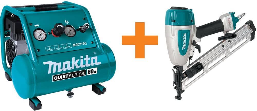 Makita Quiet Series 2 Gal. 1 HP Oil-Free Electric Air Compressor with bonus Pneumatic 15-Gauge, 2-1/2 in. Angled Finish Nailer