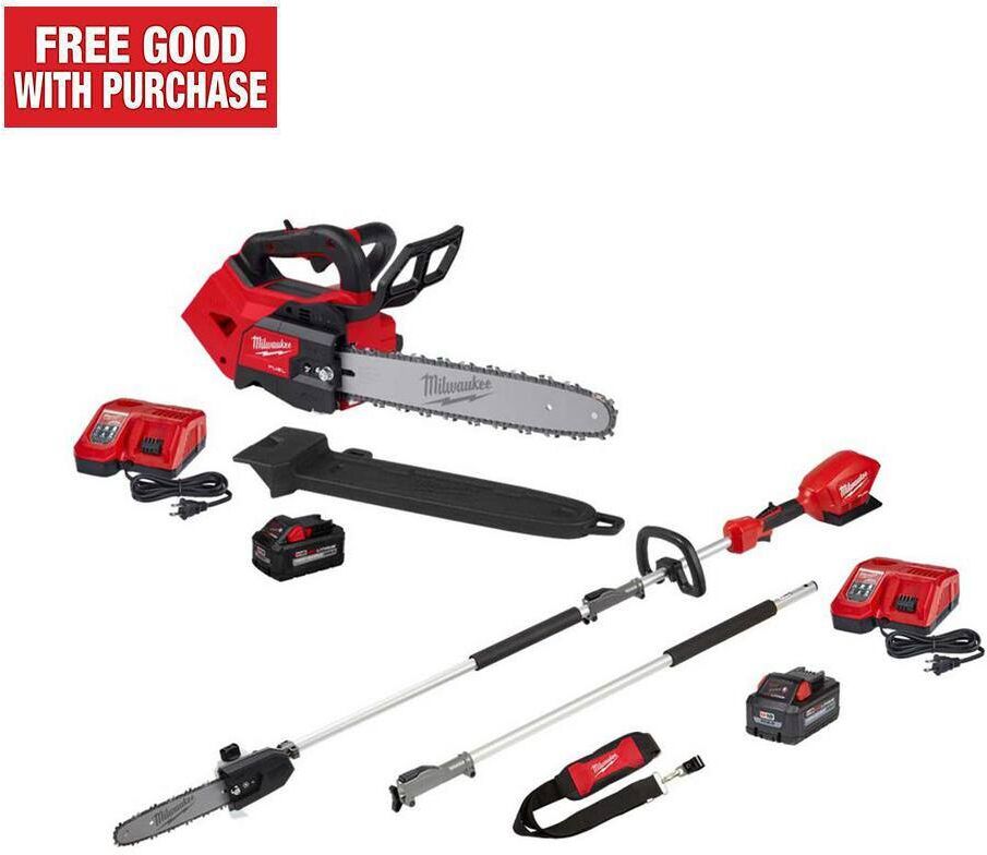 Milwaukee M18 FUEL 14 in. Top Handle 18V Lithium-Ion Brushless Cordless Chainsaw w/Pole Saw, (2) 8.0 Ah Battery, (2) Charger