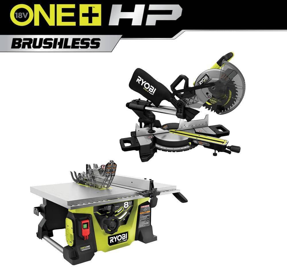 RYOBI ONE+ HP 18V Brushless Cordless 2-Tool Combo Kit with Miter Saw and Compact Portable Jobsite Table Saw (Tools Only)