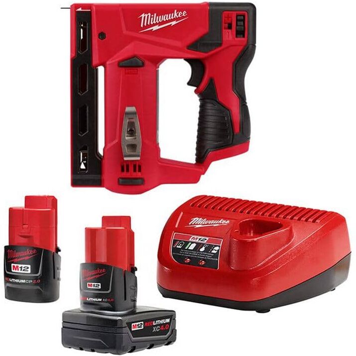 Milwaukee M12 12-Volt Lithium-Ion 4.0 Ah and 2.0 Ah Battery Packs and Charger Starter Kit w/ 3/8 in. Crown Stapler