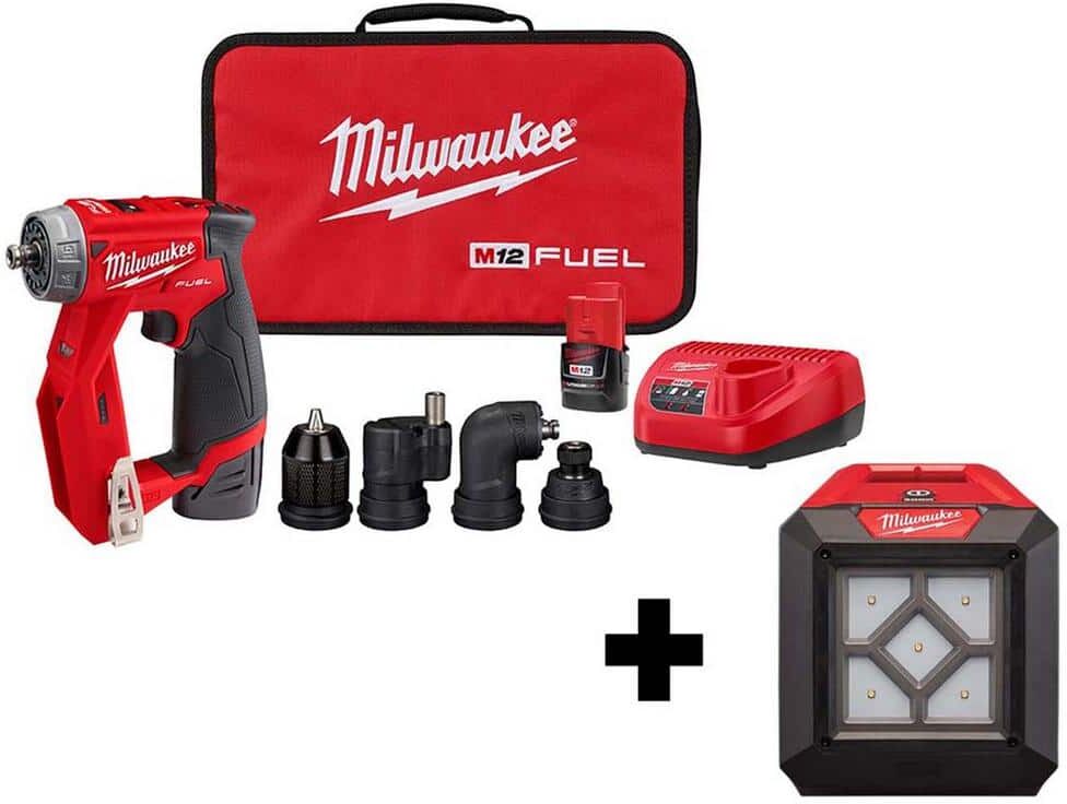 Milwaukee M12 FUEL 12V Lithium-Ion Brushless Cordless 4-in-1 Installation 3/8 in. Drill Driver Kit W/ M12 Flood Light